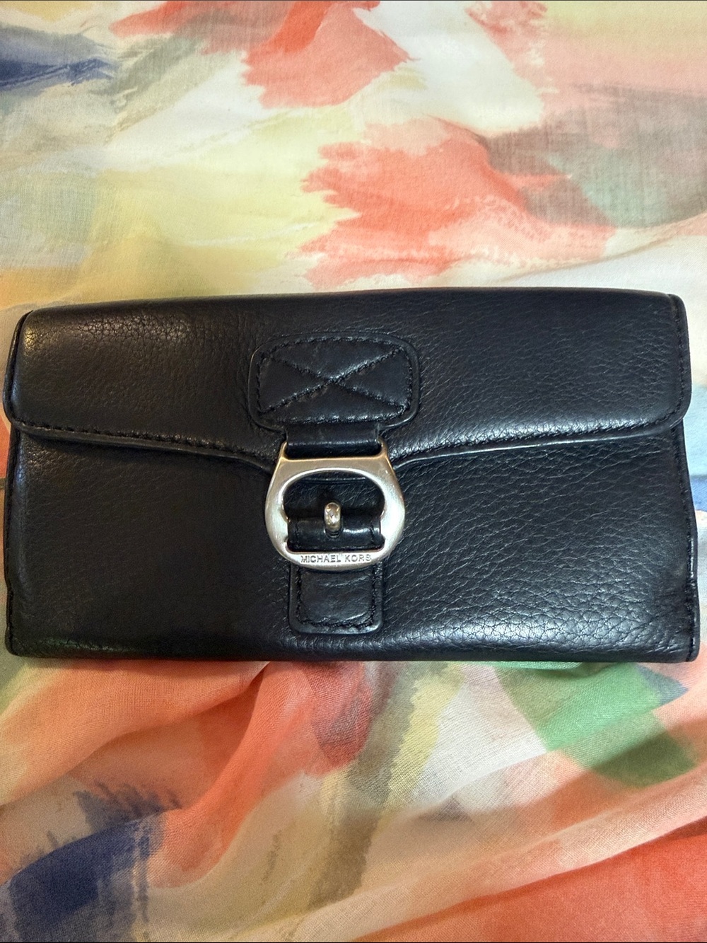 Michael Kors Black vegan Leather Clutch Wallet with Silver Buckle Accent